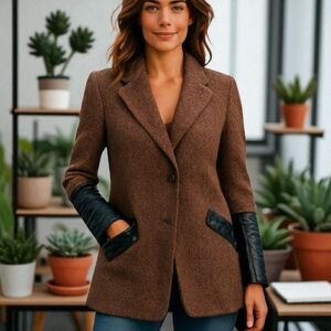 nubby knit Long brown cardigan blazer faux black leather trim Quiet Luxury Sz M
